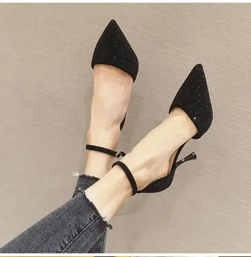 镶钻水晶一字带高跟鞋女尖头细跟浅口单鞋宴会新娘伴娘婚鞋