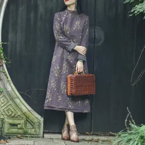 旗袍长袖连衣裙棉麻加厚江南袍子禅意