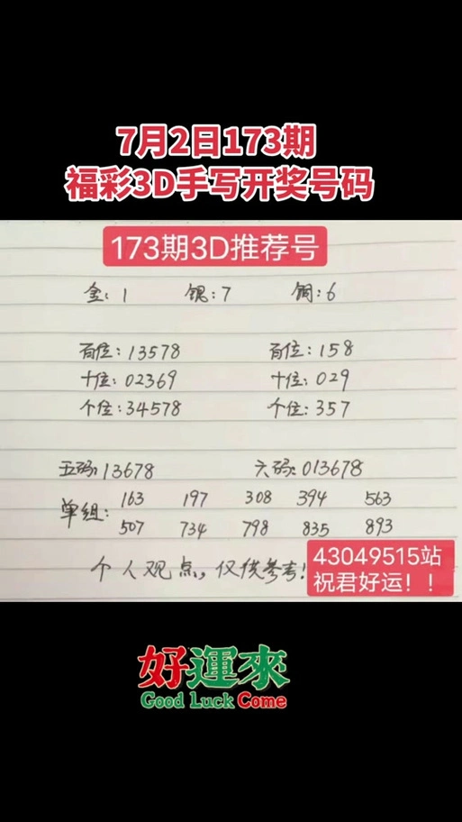 福彩  7月2日173期福彩3d手写开奖号码#好运#福彩3d #中奖#开奖