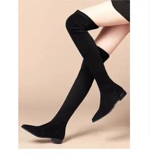 尖头新款2023弹力靴长靴靴子女秋长筒靴过膝平底弹力真皮大码