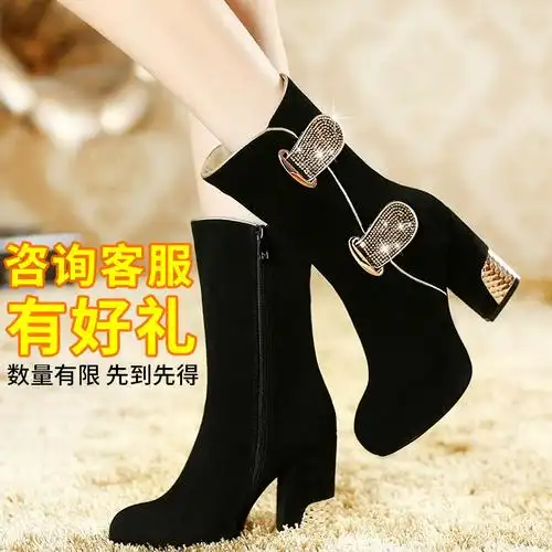 全牛皮中筒靴女时尚水钻扣粗跟高跟马丁靴防水台真皮女士骑士靴子