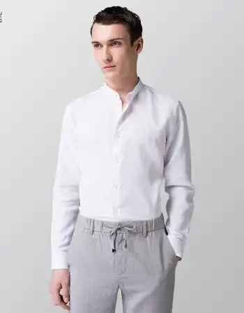 by creations lite 亚麻长袖衬衫 男士时尚休闲修身立领衬衣 白色暗纹