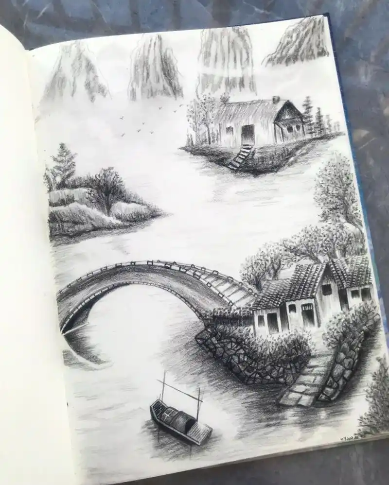铅笔画 | 山水   山高水阔,不止思念