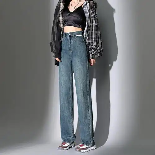 修身垂坠感显瘦牛仔裤复古宽松休闲裤女春秋款阔腿裤拖地裤长裤