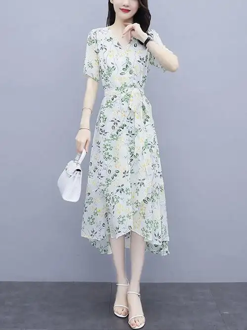 气质裙子女装夏季2021年新款小个子收腰显瘦中长款碎花雪纺连衣裙