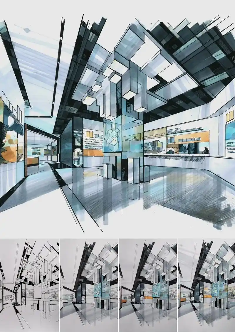 24考研展厅空间马克笔手绘表现 室内展 - 抖音