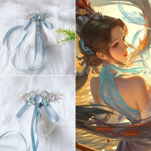 大乔白鹤梁神女衍生古风后压发饰步摇飘带汉服头饰长流苏儿童发夹