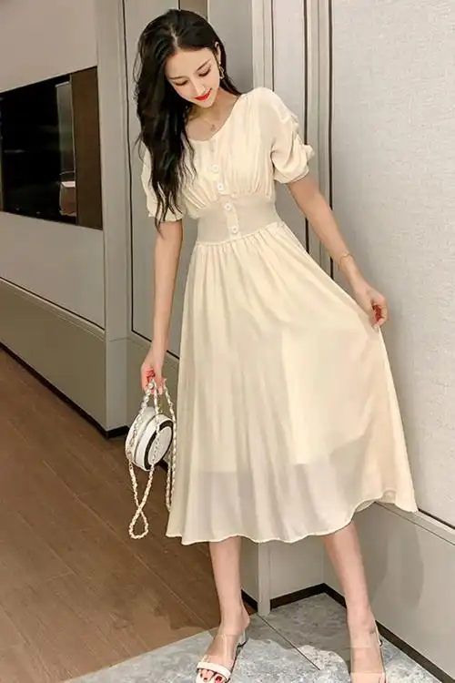 2021夏季新款仙女轻熟温柔风茶歇法式甜美长裙v领气质连衣裙