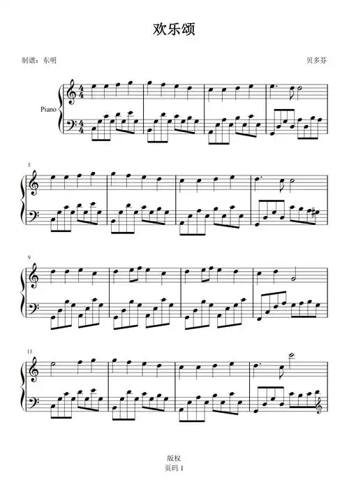钢琴谱:c调好听入门版-欢乐颂