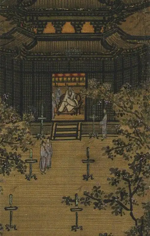 表现宫廷园苑,亭廊建筑和园林布局之美,作品有院体画工整细致的特点