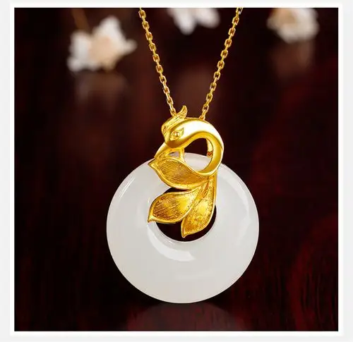 周六福黄金吊坠女天鹅足金吊坠和田玉母亲节挂件aaya043436