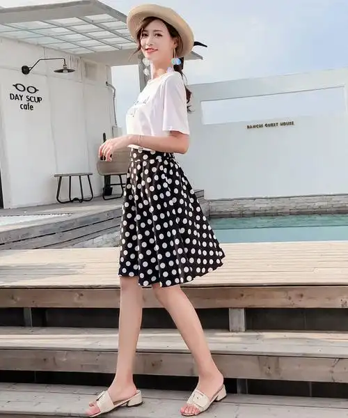 黑白点半身裙波点斑点黑底白点法式高腰中长款a字点点裙子半身裙