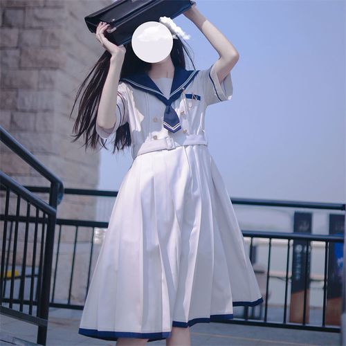 夏季日系软妹jk水手服气质收腰显瘦连衣裙女学生中长款百褶a字裙