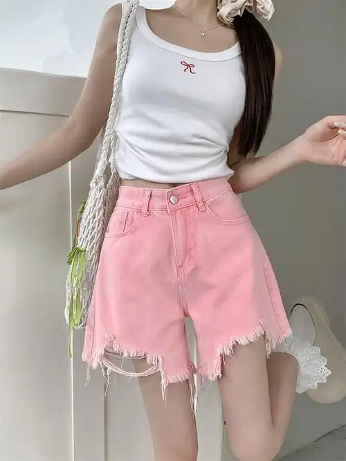 粉色毛边牛仔短裤夏季新款甜酷高腰显瘦宽松阔腿裤ins - 17网