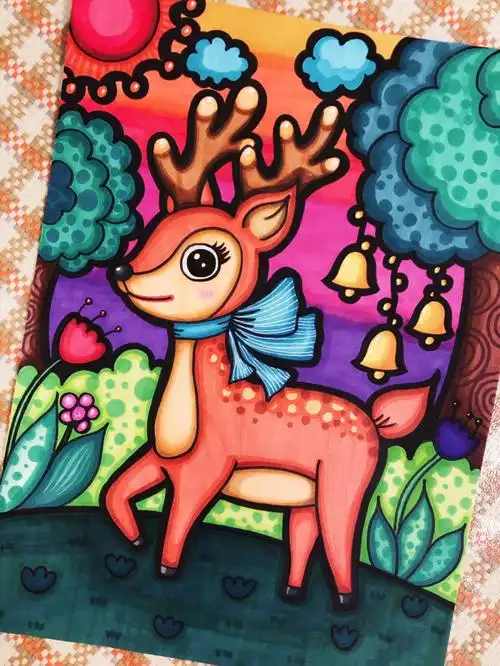 原创梅花鹿儿童画梅花鹿创意画梅花鹿马克笔