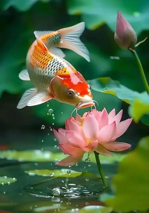 好美的锦鲤荷花图!