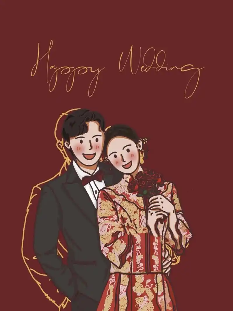 简笔画婚纱照- happy wedding 卡通手绘婚纱照 今日是复古风格 图一是