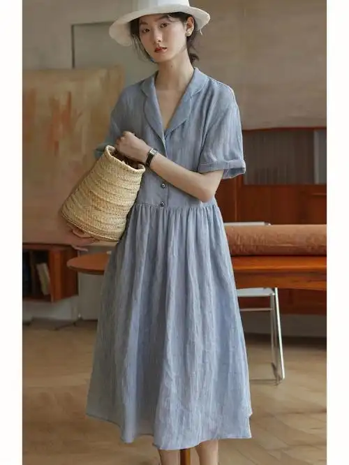 原生亚麻混色花纱花瓣斑驳领连衣裙女中长