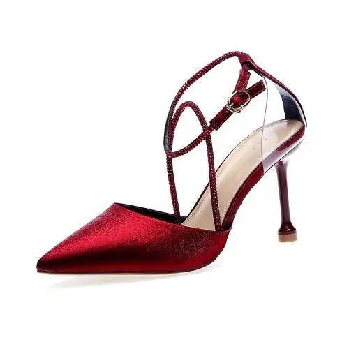 性感中空绸缎红色细跟婚鞋女春季尖头交叉绑带一字搭扣高跟鞋单鞋