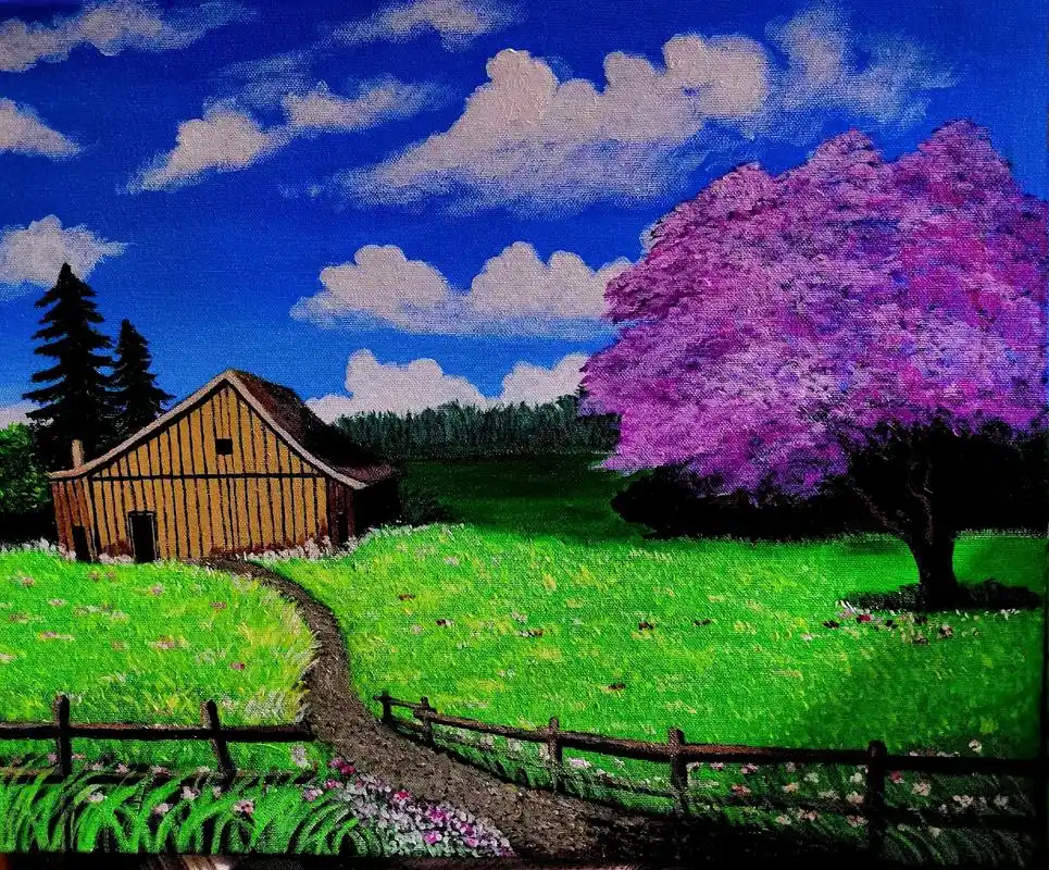 临摹手绘丙烯唯美风景(童话小木屋)#蓝天#白云#小木屋#美的 - 抖音