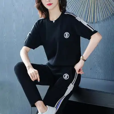 运动套装女夏2020新款宽松短袖女士休闲时尚潮流两件套冰丝针织衫