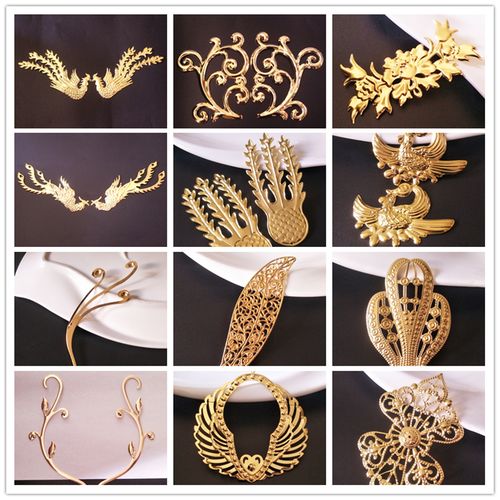 汉服头饰发冠diy手工制作材料 古风步摇皇冠新娘凤凰翅膀金色铁片