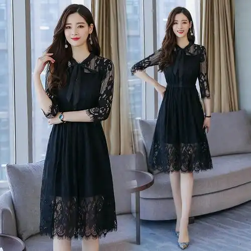 蕾丝连衣裙女中长款2018夏新款韩版气质百搭收腰黑色打底a字裙子