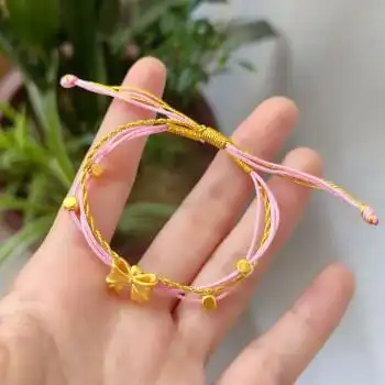足金蝴蝶结 4颗方糖金珠手链