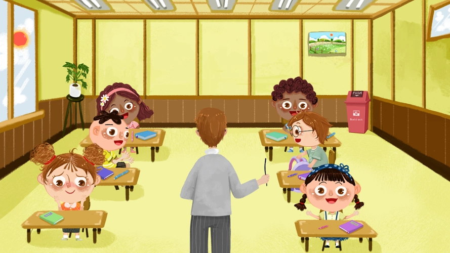 下课时间,小朋友们张望外面的天气 没关系,我们先去上课,等下课了一起