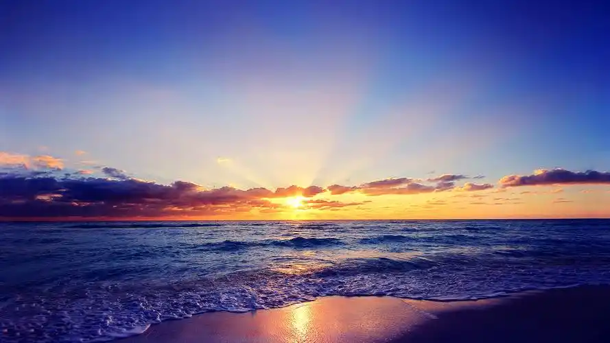 2560x1440 美丽的夕阳,阳光,大海,海浪,沙滩,云 qhd 桌面背景