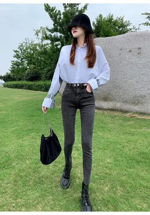 高腰牛仔裤女2020秋修身显瘦百搭复古黑色紧身九分小脚裤厂家直销