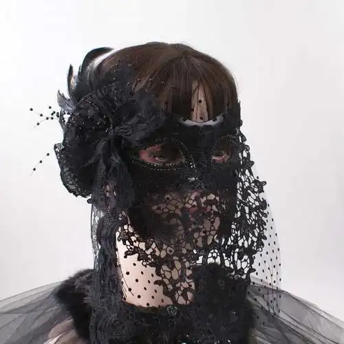 万圣节金色面纱全脸美女唱将蒙面歌王唱歌假面罩舞会面具神秘 黑色