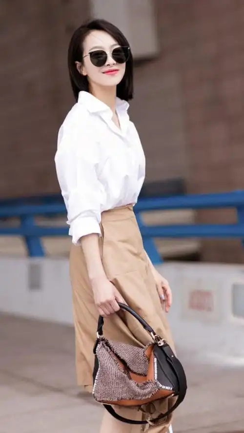 明星宋茜街拍同款白色长袖衬衫卡其色不规则高腰半身裙套装女9919