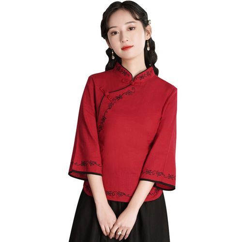 中国风汉服改良版旗袍斜襟上衣演出服民国复古盘扣红色唐装女茶服