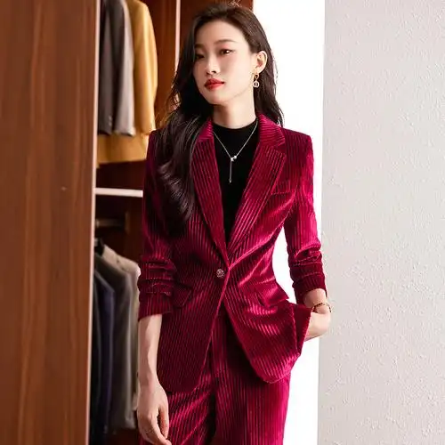 高端酒红色金丝绒小西装套装女冬季厚款时尚休闲一粒扣小西服批发