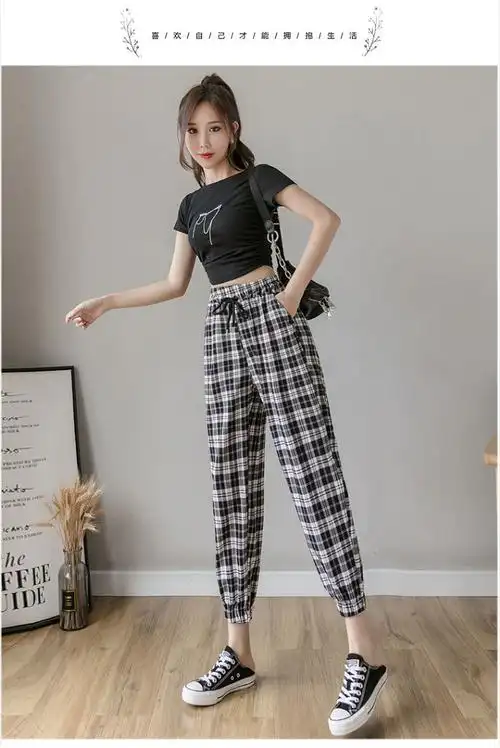 休闲裤女黑白格子休闲裤薄款哈伦裤高腰宽松束脚裤九分萝卜裤黑白格s