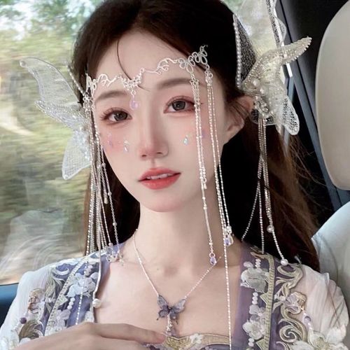 古风蝴蝶流苏发夹仙女对夹森系精灵妆容新娘头饰拍照写真额饰品