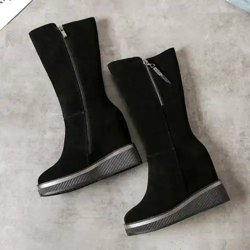 北西图全皮中筒靴女百搭侧拉链磨砂皮10cm内增高雪地靴真皮女靴子