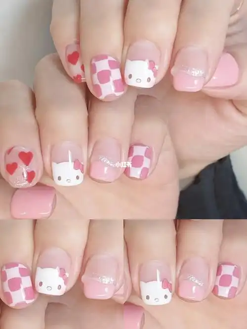 粉色keiti猫美甲美甲夏日甲可爱手绘美