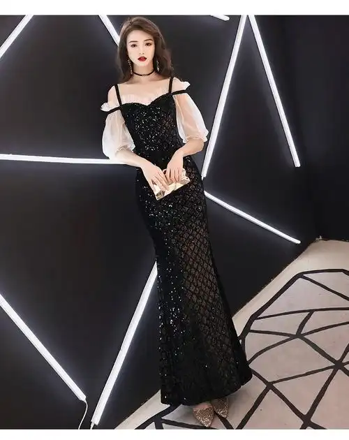 黑色宴会晚礼服女2019新款一字肩高端长款高贵聚会主持人鱼尾