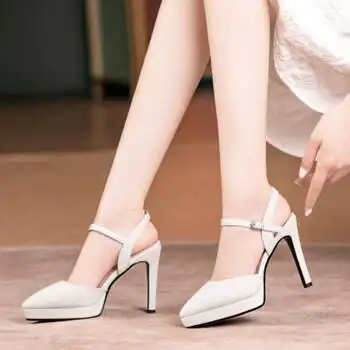 芙妮诗尼尖头防水台高跟鞋女2022夏季新款一字扣带后空包头凉鞋女时尚