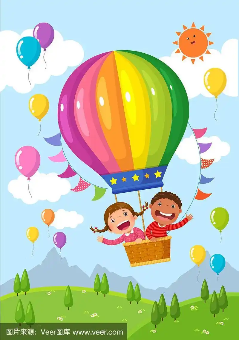 卡通小朋友坐着热气球飞过
