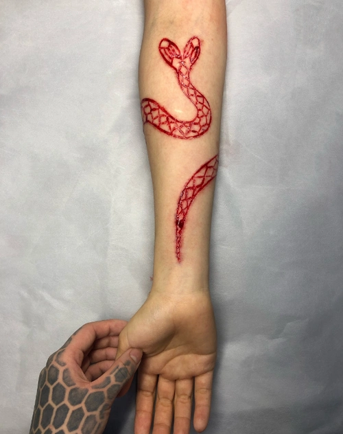 手臂双头蛇肉雕纹身4