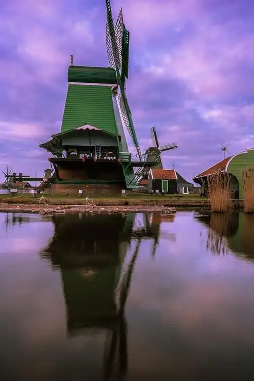 风车,荷兰,河,房子