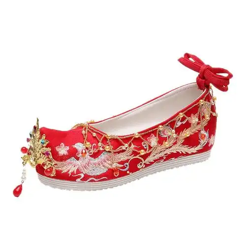 流苏古风旗袍绣花鞋红色中式子秀禾新娘婚鞋内增高鞋原创汉服婚鞋