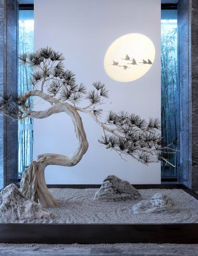 大型室内装饰木雕景观山水松树造景迎客松中式新中式仿真植物盆景