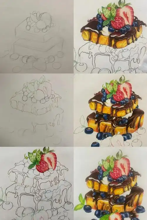 彩铅甜品蛋糕绘画过程