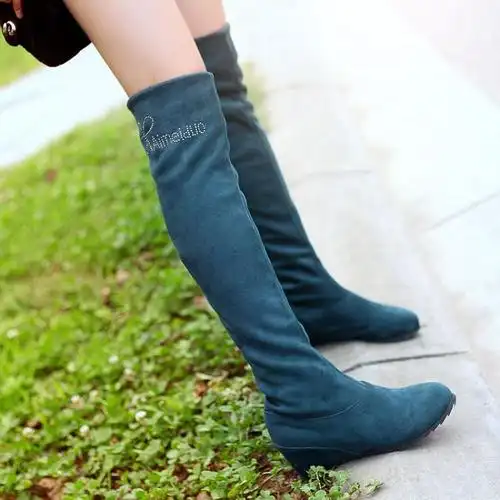 面料高弹磨毛 里料超柔毛里 破底内增高两穿修腿长靴 颜色黑色绿色枣