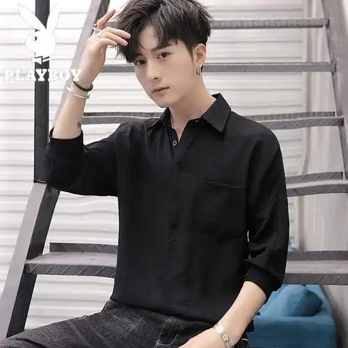 网红七分袖衬衫男韩版潮流帅气2021新款中袖衣服日系男装短袖t恤