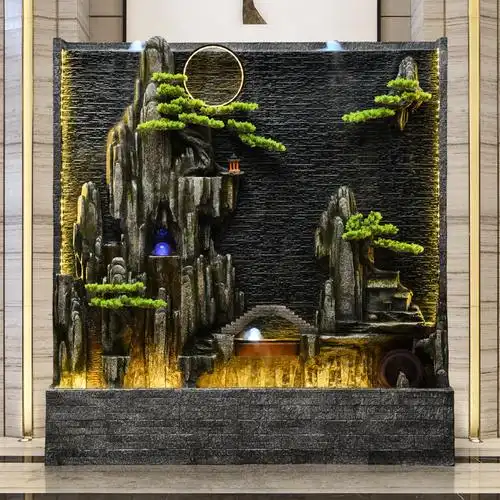 大型假山水幕墙流水隔断屏风客厅会所背景墙庭院酒店造景鱼池水景